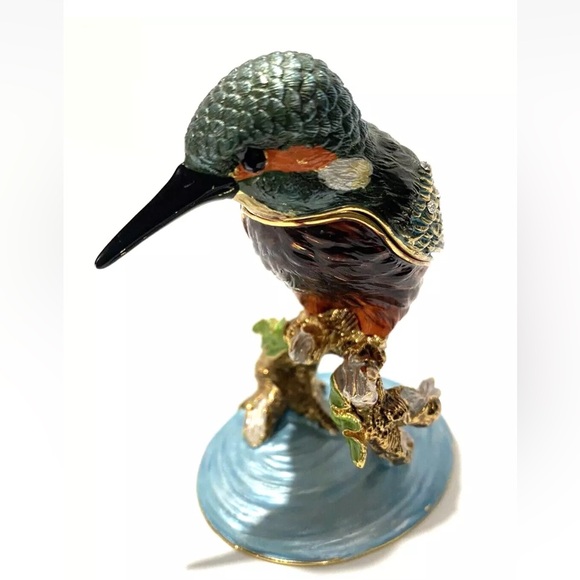 Kingfisher Bird Bejeweled Enameled Hummingbird Trinket Box Hinged Magnetic - Picture 5 of 13